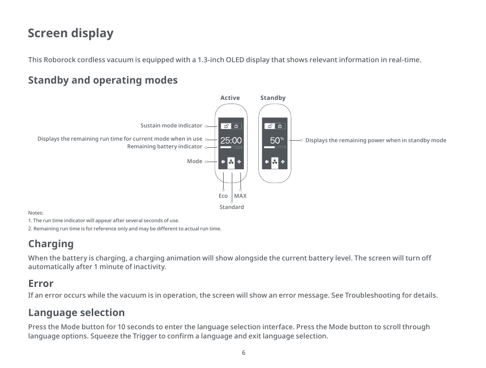 Screen display, Standby and operating modes language selection, Error | Charging | Roborock H6 CE User Manual | Page 10 / 34