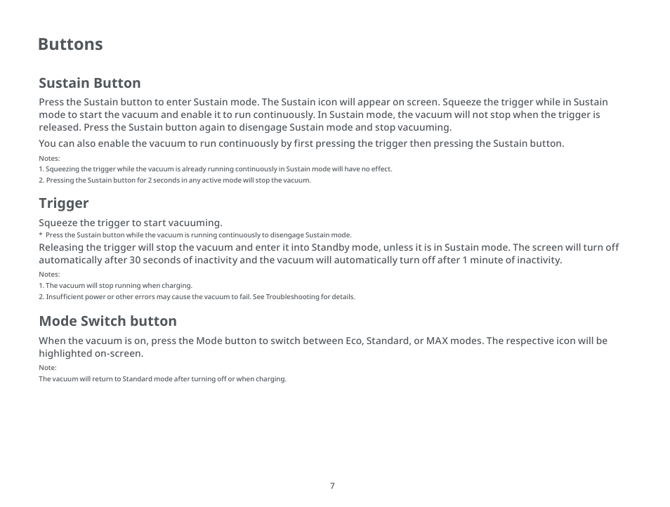 Buttons, Sustain button, Mode switch button | Trigger | Roborock H6 CE User Manual | Page 11 / 34