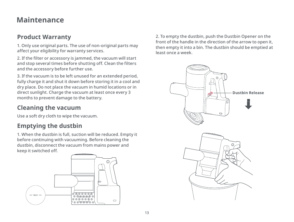 Maintenance, Product warranty, Emptying the dustbin | Cleaning the vacuum | Roborock H6 CE User Manual | Page 17 / 34