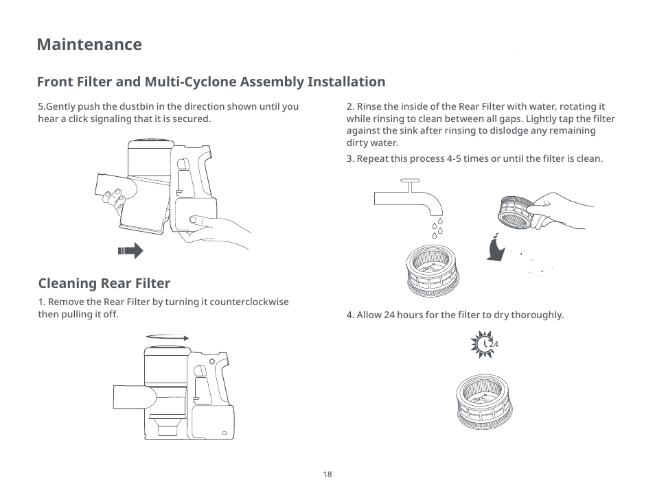 Maintenance, Cleaning rear filter | Roborock H6 CE User Manual | Page 22 / 34