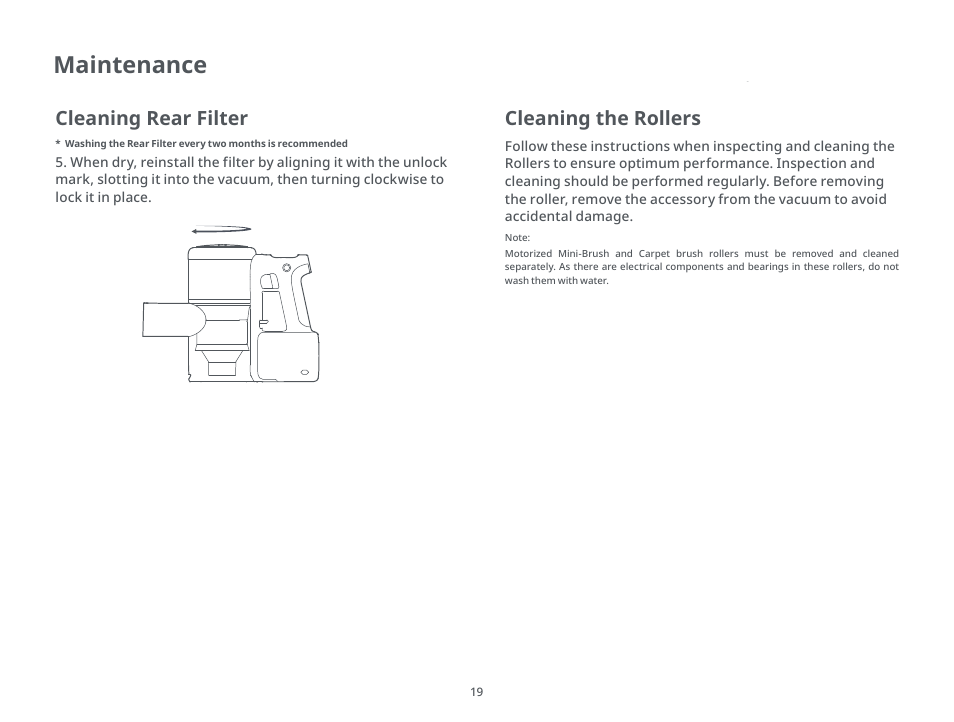 Maintenance, Cleaning rear filter, Cleaning the rollers | Roborock H6 CE User Manual | Page 23 / 34