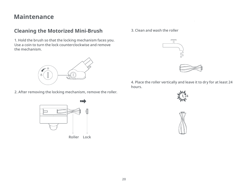 Maintenance, Cleaning the motorized mini-brush | Roborock H6 CE User Manual | Page 24 / 34