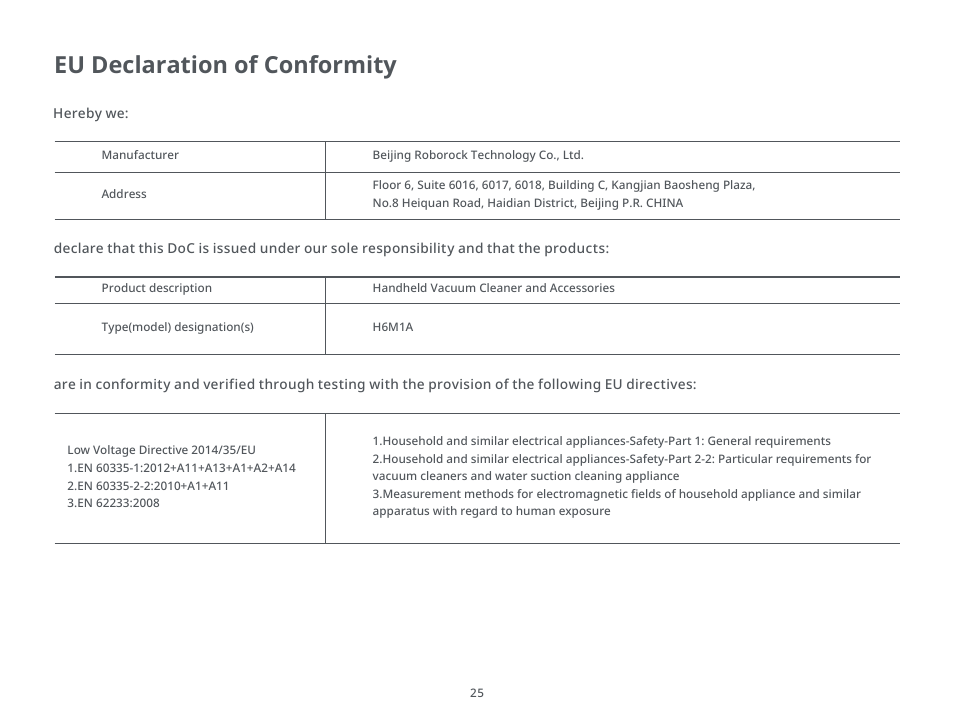 Eu declaration of conformity | Roborock H6 CE User Manual | Page 29 / 34