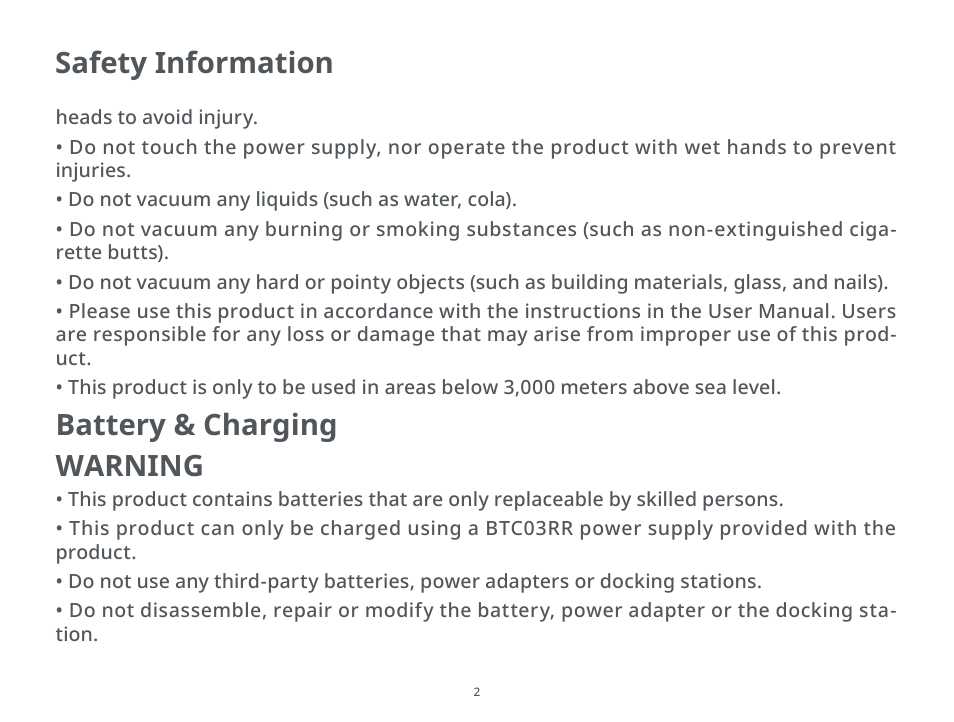 Battery & charging warning, Safety information | Roborock H6 CE User Manual | Page 6 / 34