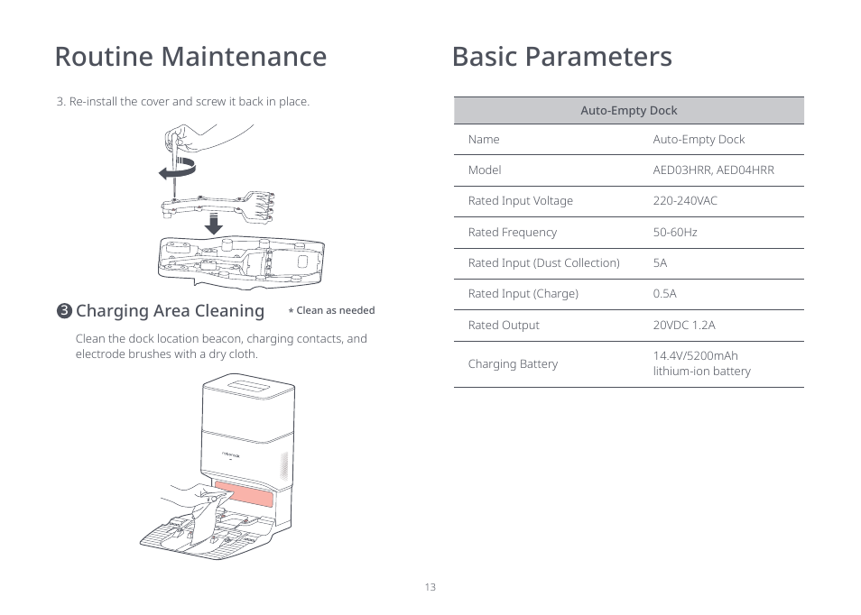 Routine maintenance, Basic parameters, Charging area cleaning | Roborock Auto Empty Dock Pure CE User Manual | Page 13 / 15