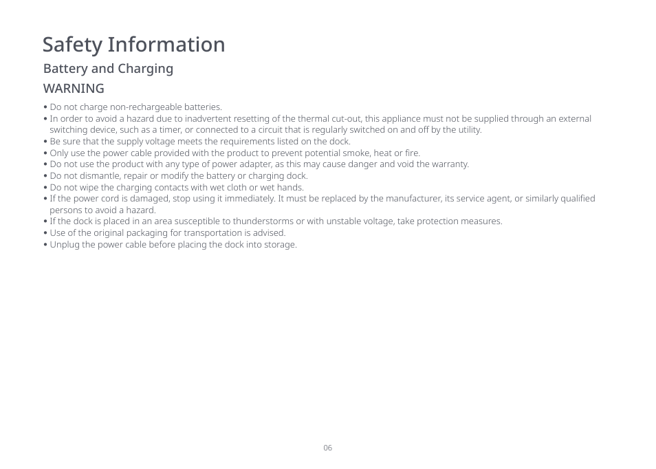Safety information, Battery and charging warning | Roborock Auto Empty Dock Pure CE User Manual | Page 6 / 15