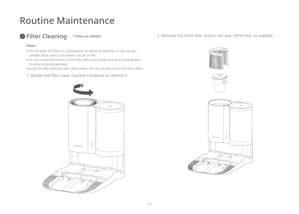 Routine maintenance, Filter cleaning | Roborock Auto-Emtpy Dock FCC User Manual | Page 19 / 27