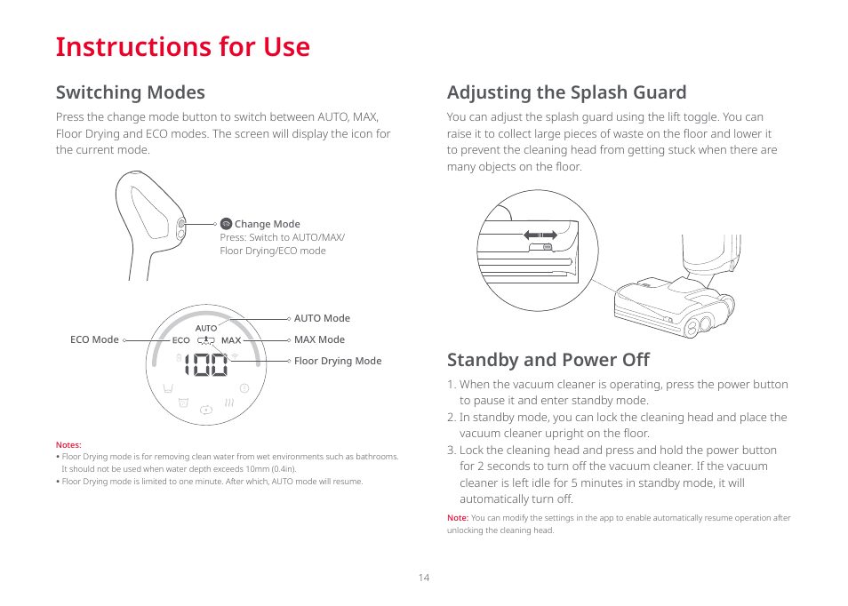 Instructions for use, Switching modes, Adjusting the splash guard standby and power off | Roborock Dyad Pro FCC User Manual | Page 13 / 20