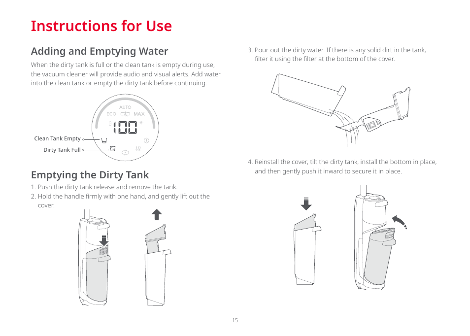 Instructions for use, Adding and emptying water, Emptying the dirty tank | Roborock Dyad Pro FCC User Manual | Page 14 / 20