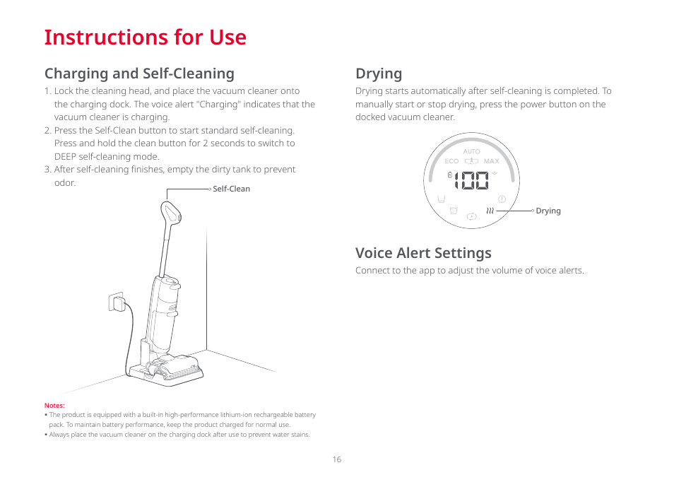 Instructions for use, Drying voice alert settings, Charging and self-cleaning | Roborock Dyad Pro FCC User Manual | Page 15 / 20