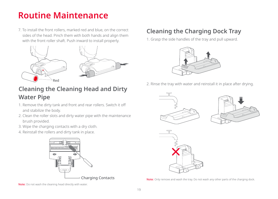 Routine maintenance, Cleaning the cleaning head and dirty water pipe, Cleaning the charging dock tray | Roborock Dyad Pro FCC User Manual | Page 18 / 20