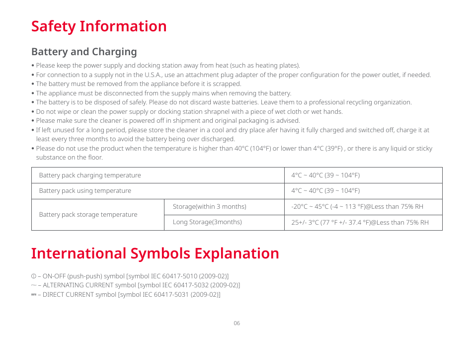 Safety information, International symbols explanation, Battery and charging | Roborock Dyad Pro FCC User Manual | Page 5 / 20