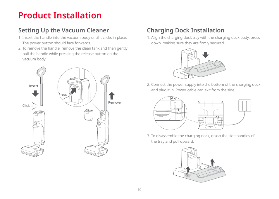 Product installation, Charging dock installation, Setting up the vacuum cleaner | Roborock Dyad Pro FCC User Manual | Page 9 / 20