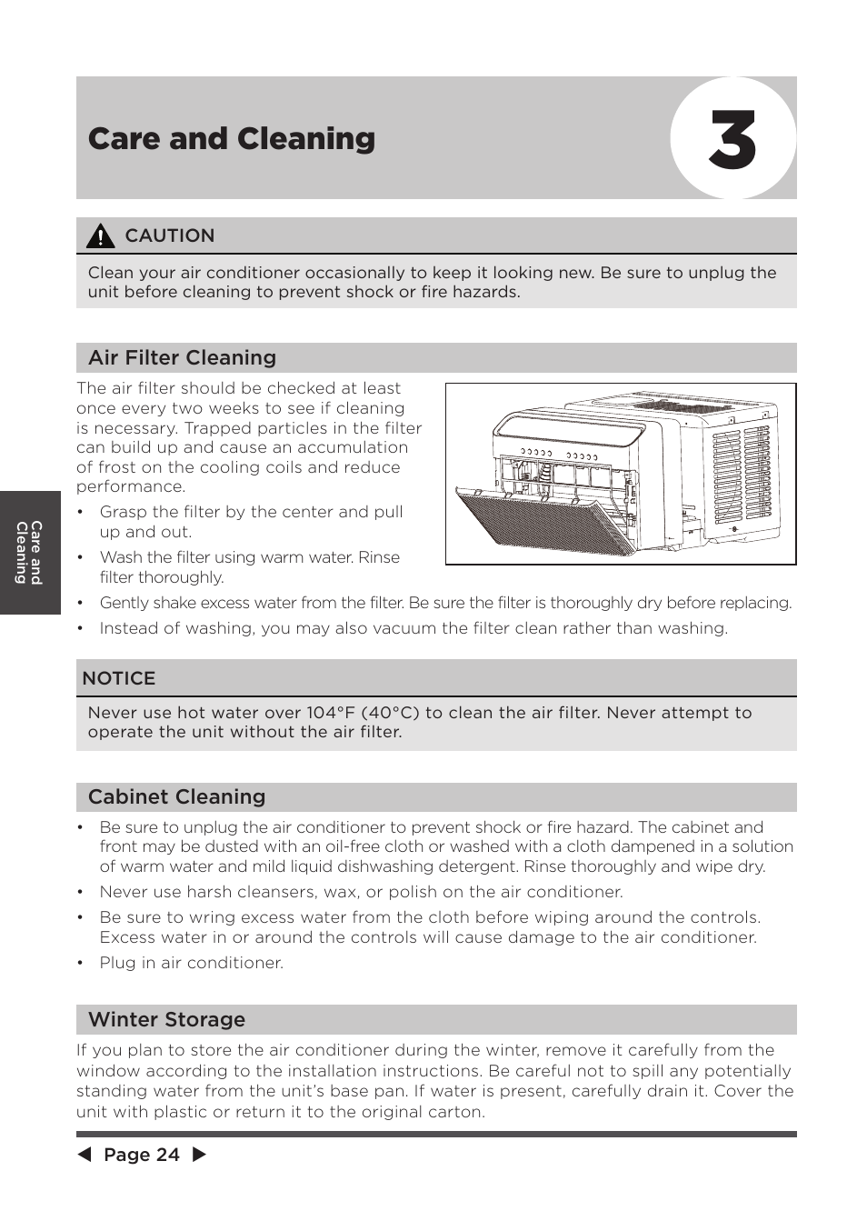 Care and cleaning | MIDEA 10,000 BTU U-shaped User Manual | Page 24 / 28