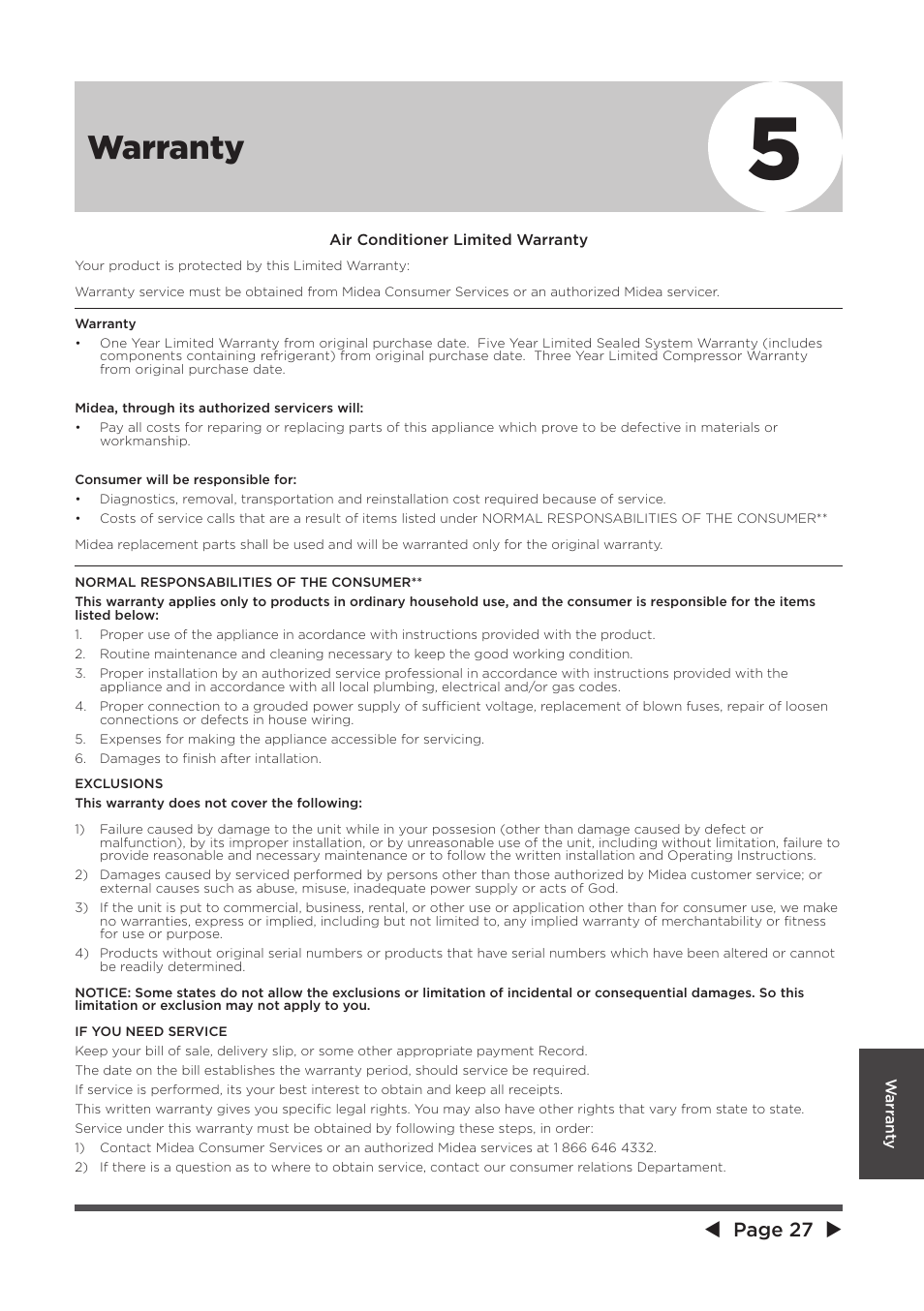 Warranty, Page 27 | MIDEA 10,000 BTU U-shaped User Manual | Page 27 / 28