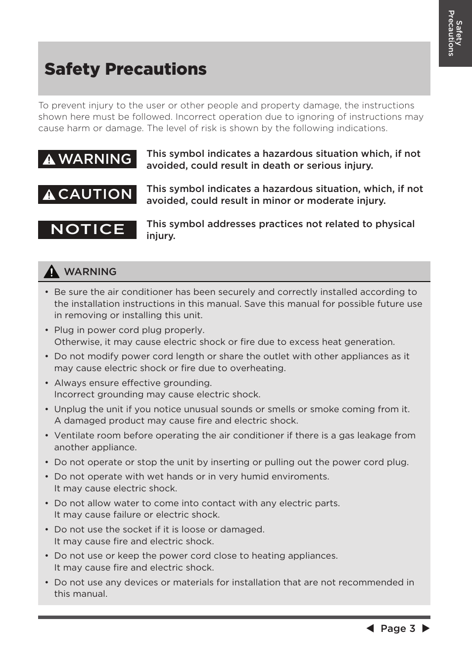 Safety precautions, Warning, Caution | Notice | MIDEA 10,000 BTU U-shaped User Manual | Page 3 / 28