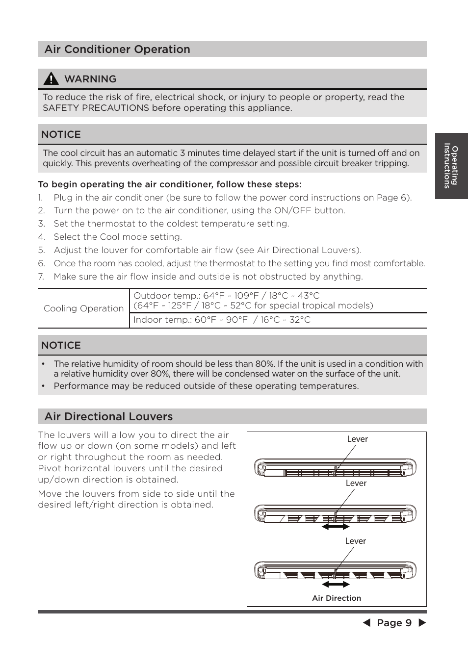 Air conditioner operation, Air directional louvers | MIDEA 10,000 BTU U-shaped User Manual | Page 9 / 28