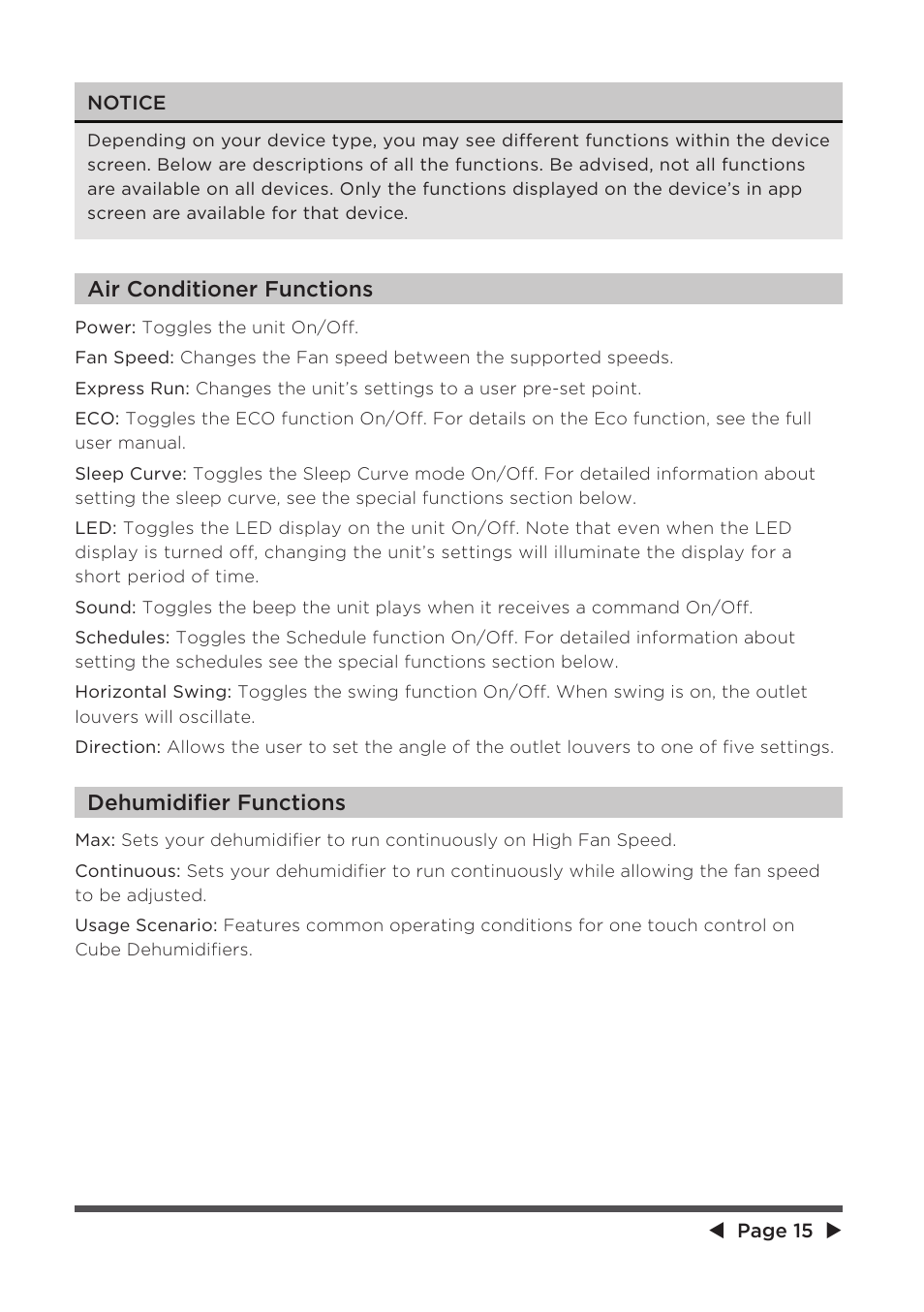 Air conditioner functions dehu m idifier functions | MIDEA 25,000 BTU ComfortSense User Manual | Page 15 / 26