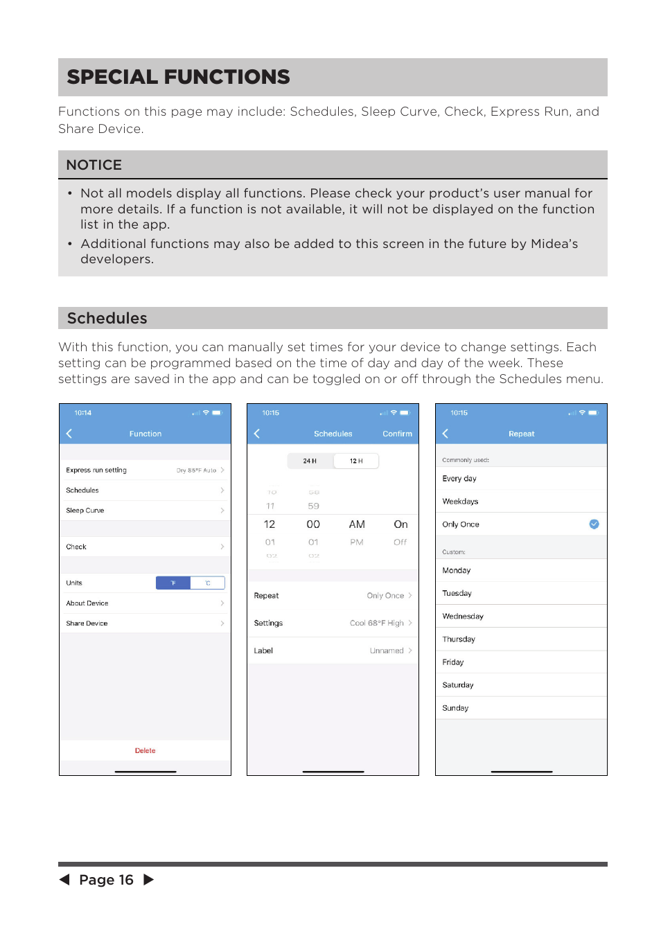 Special functions | MIDEA 25,000 BTU ComfortSense User Manual | Page 16 / 26