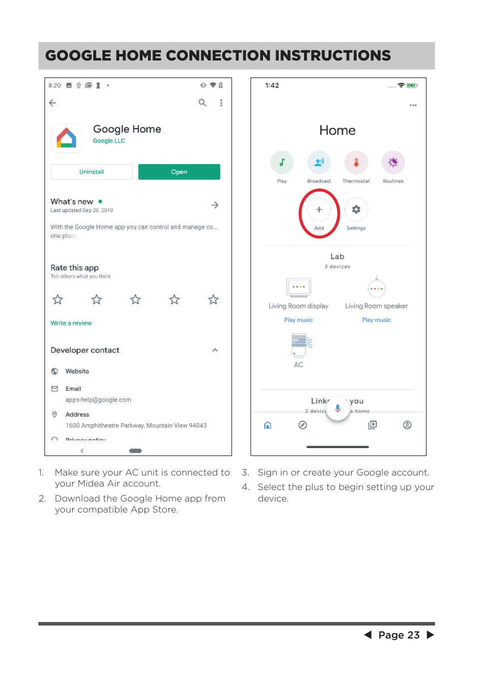 Google home connection instructions | MIDEA 25,000 BTU ComfortSense User Manual | Page 23 / 26