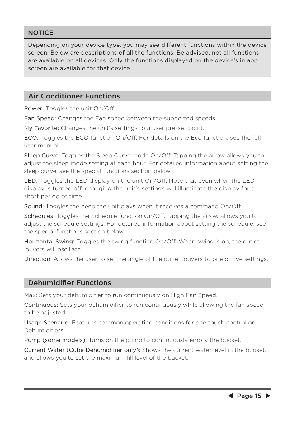 Air conditioner functions dehu m idifier functions | MIDEA 8,000 BTU SmartCool User Manual | Page 15 / 26