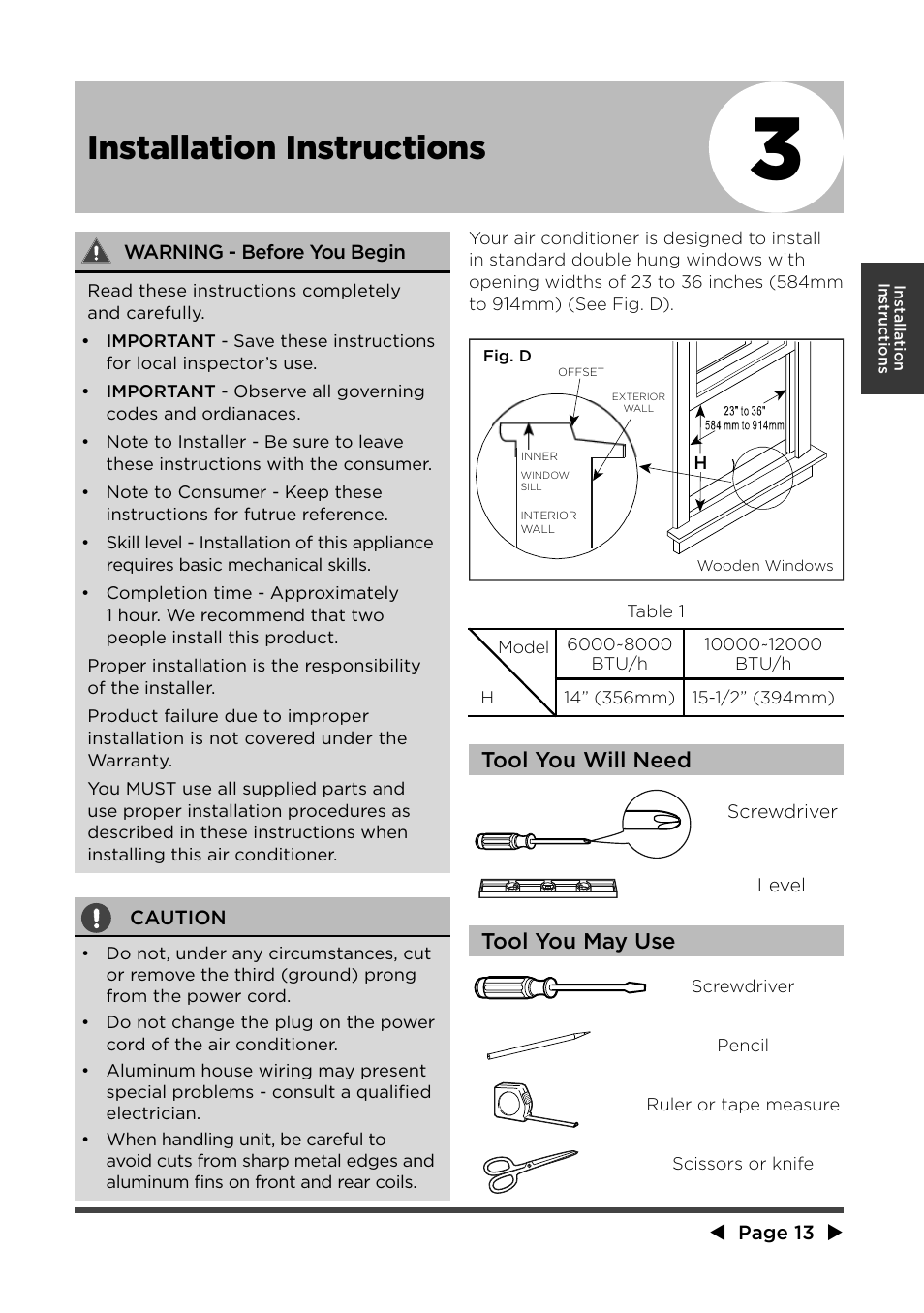 Installation instructions, Tool you will need tool you may use | MIDEA MWA12CR71 User Manual | Page 13 / 24