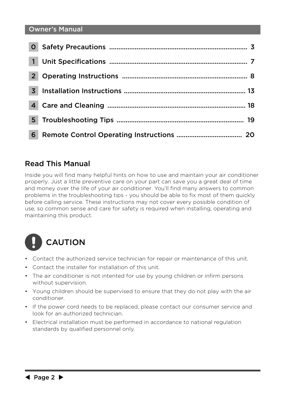 Caution, Read this manual | MIDEA MWA12CR71 User Manual | Page 2 / 24