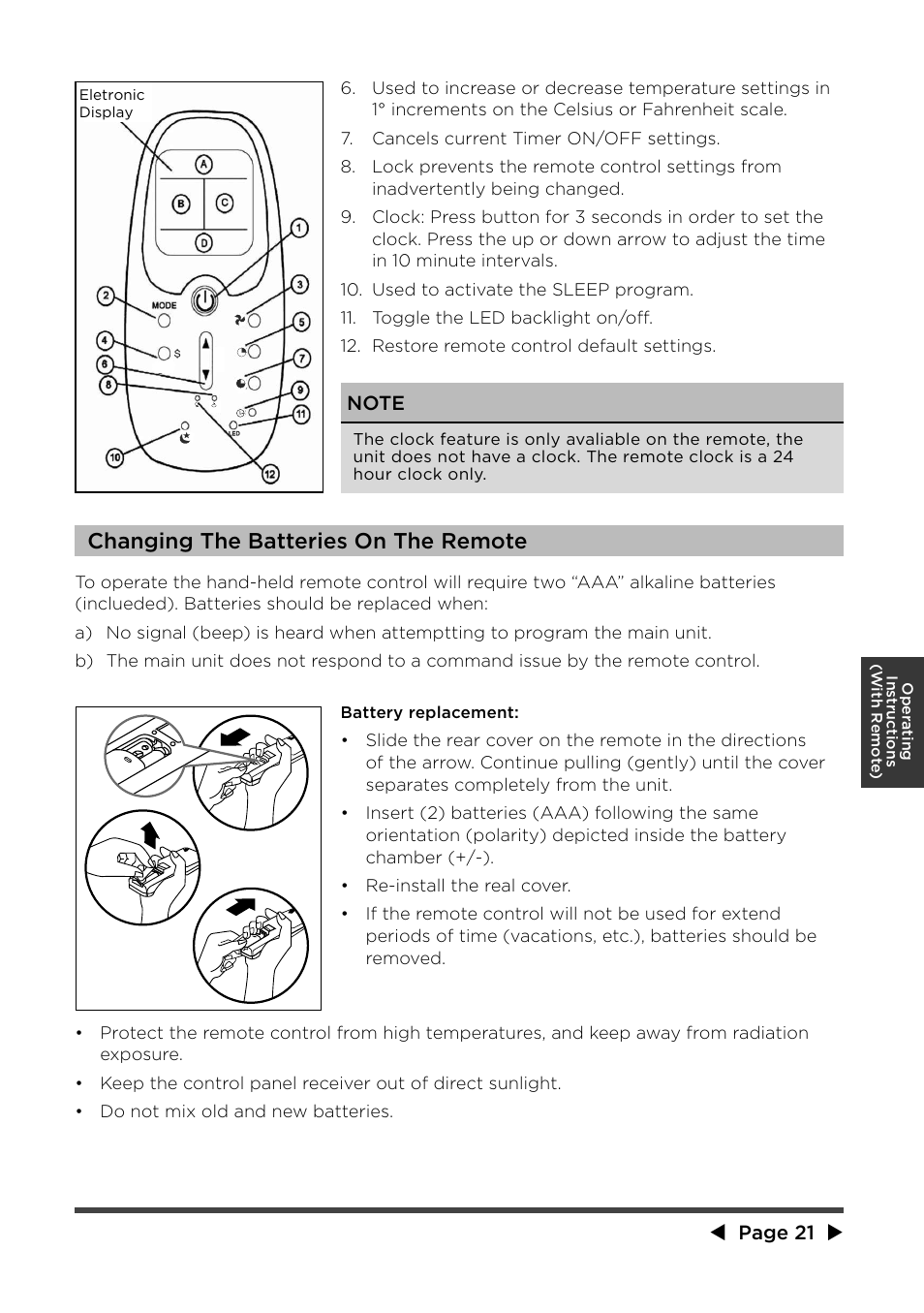 Changing the batteries on the re m ote | MIDEA MWA12CR71 User Manual | Page 21 / 24