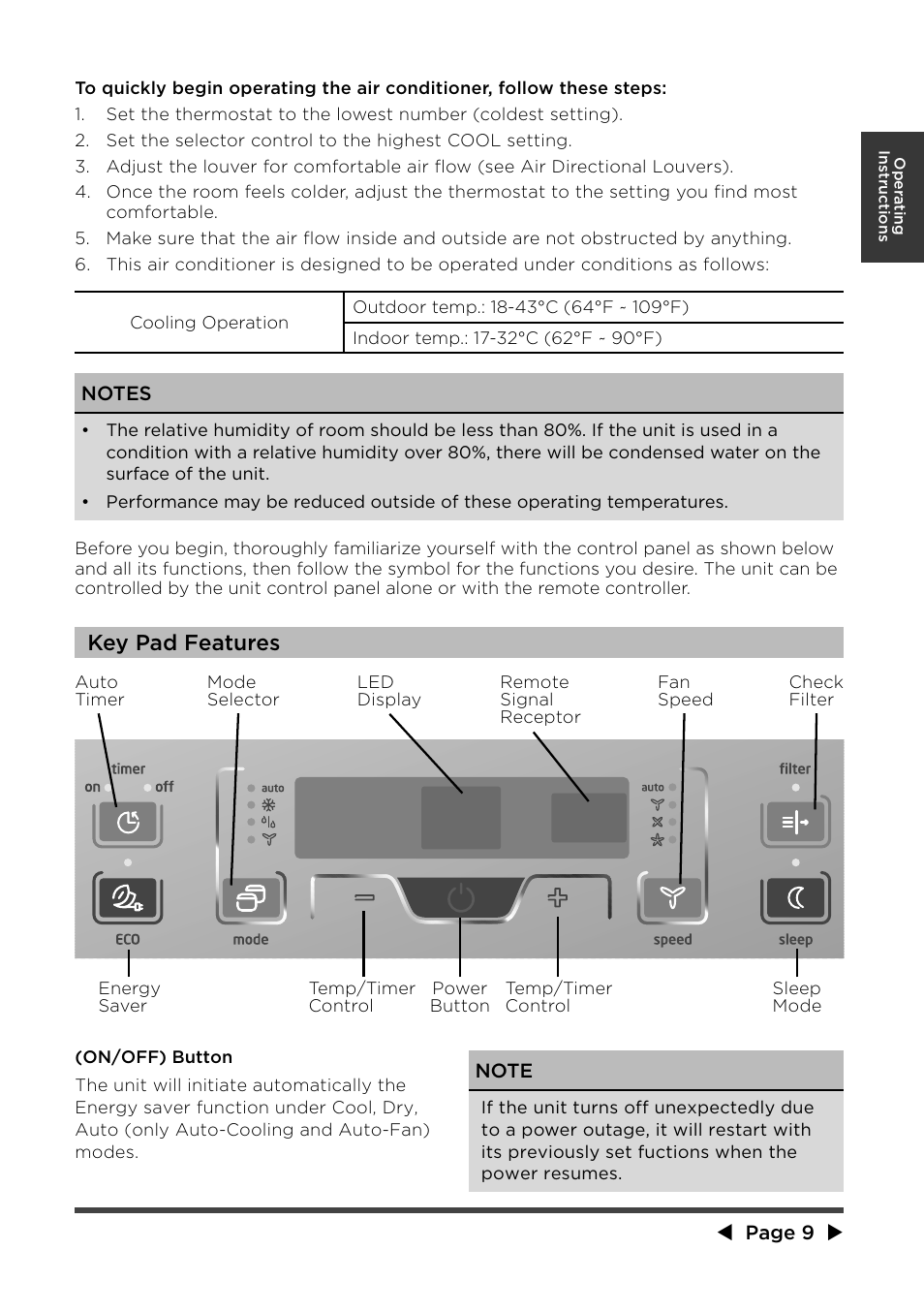Key pad features | MIDEA MWA12CR71 User Manual | Page 9 / 24