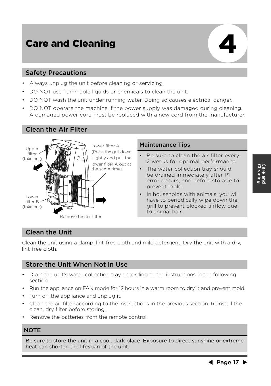 Care and cleaning | MIDEA MPF08CR71 User Manual | Page 18 / 32
