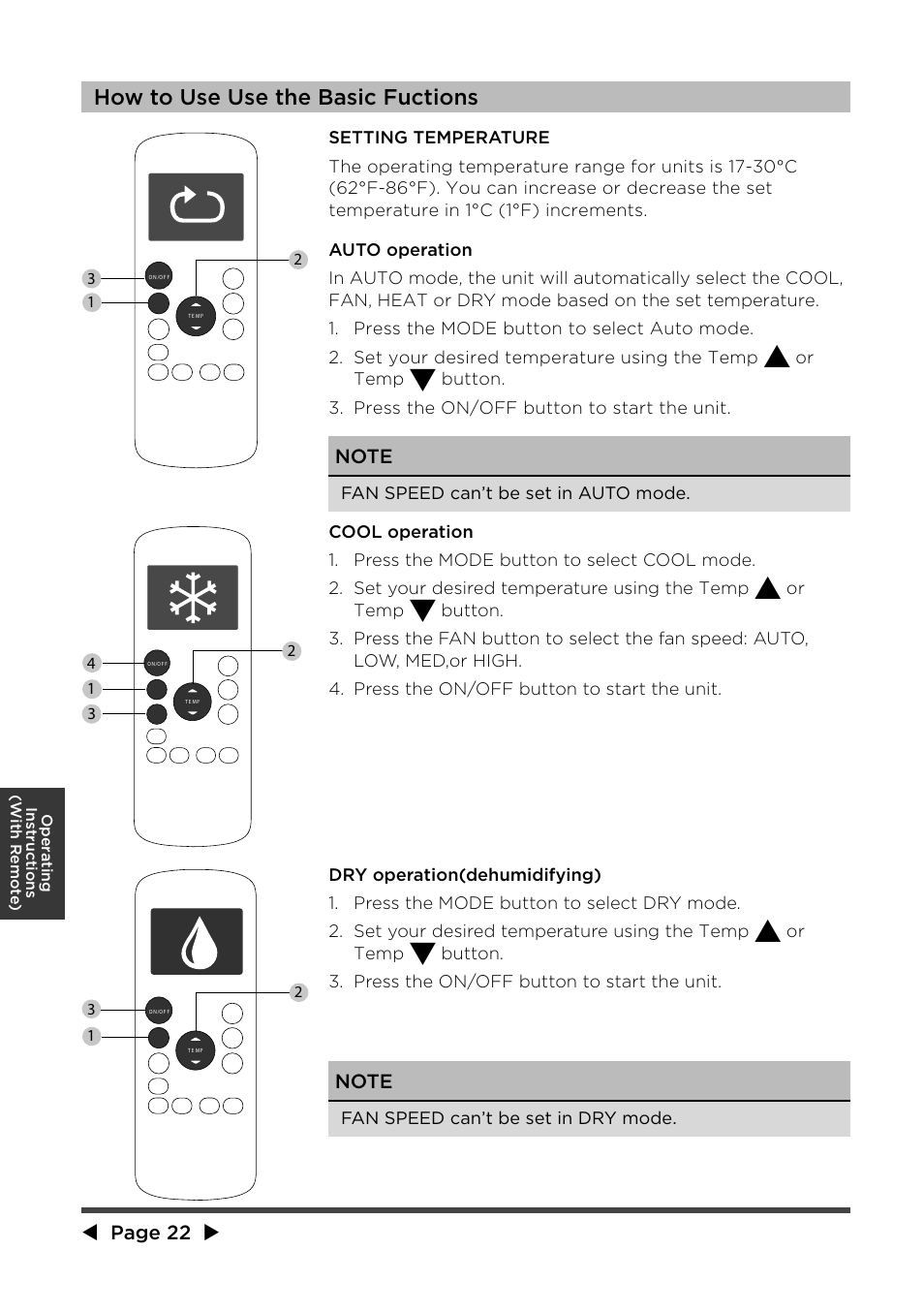 How to use use the basic fuctions, Page 22, Or temp | Fan speed can’t be set in auto m ode | MIDEA MPF08CR71 User Manual | Page 23 / 32