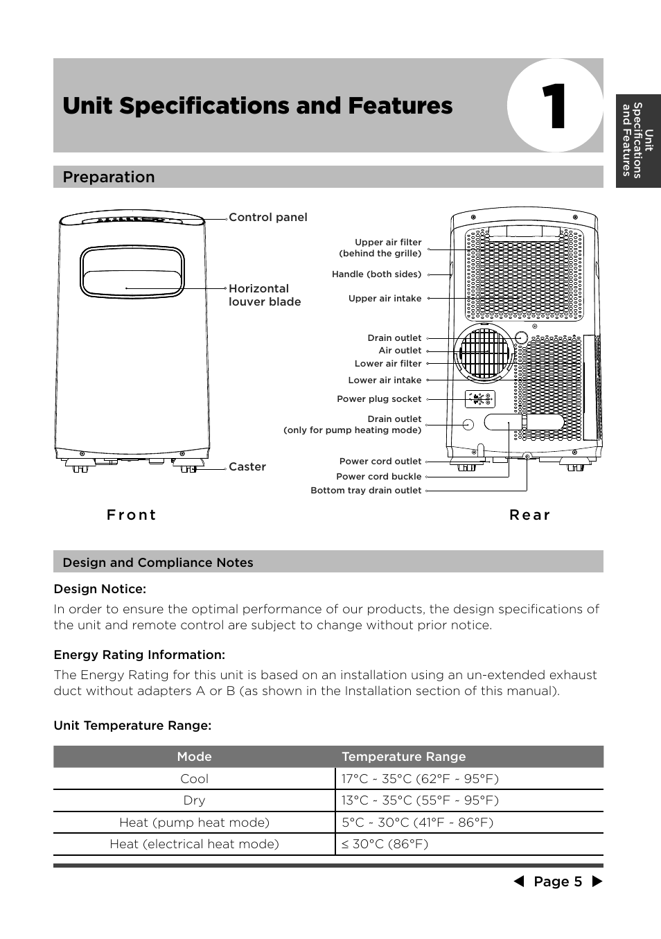 Unit specifications and features, Preparation | MIDEA MPF08CR71 User Manual | Page 6 / 32