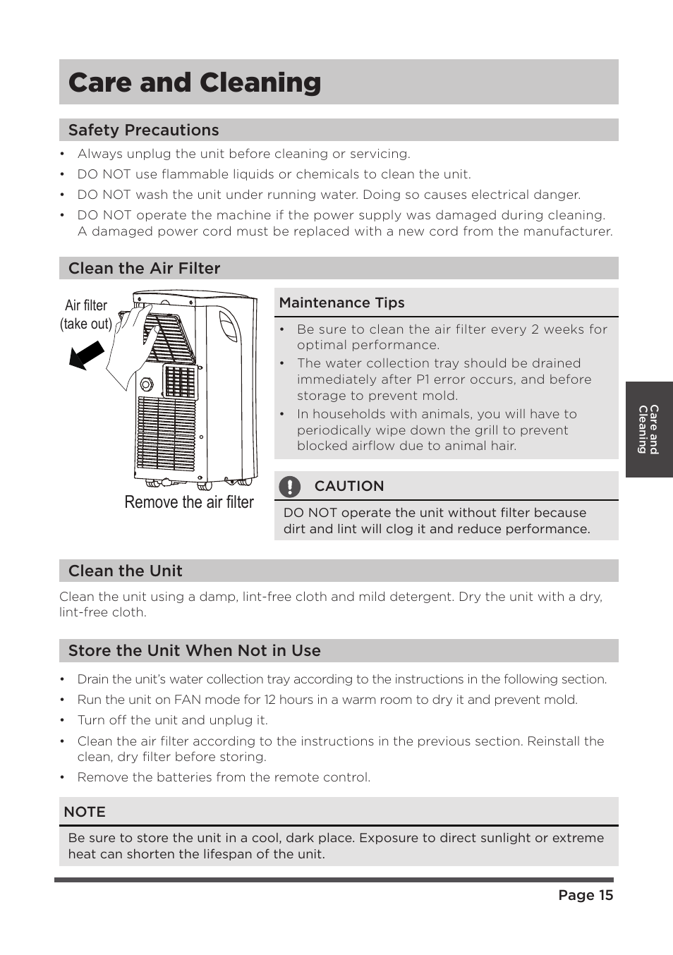 Care and cleaning, Remove the air filter | MIDEA MAP08R1CWT User Manual | Page 15 / 32