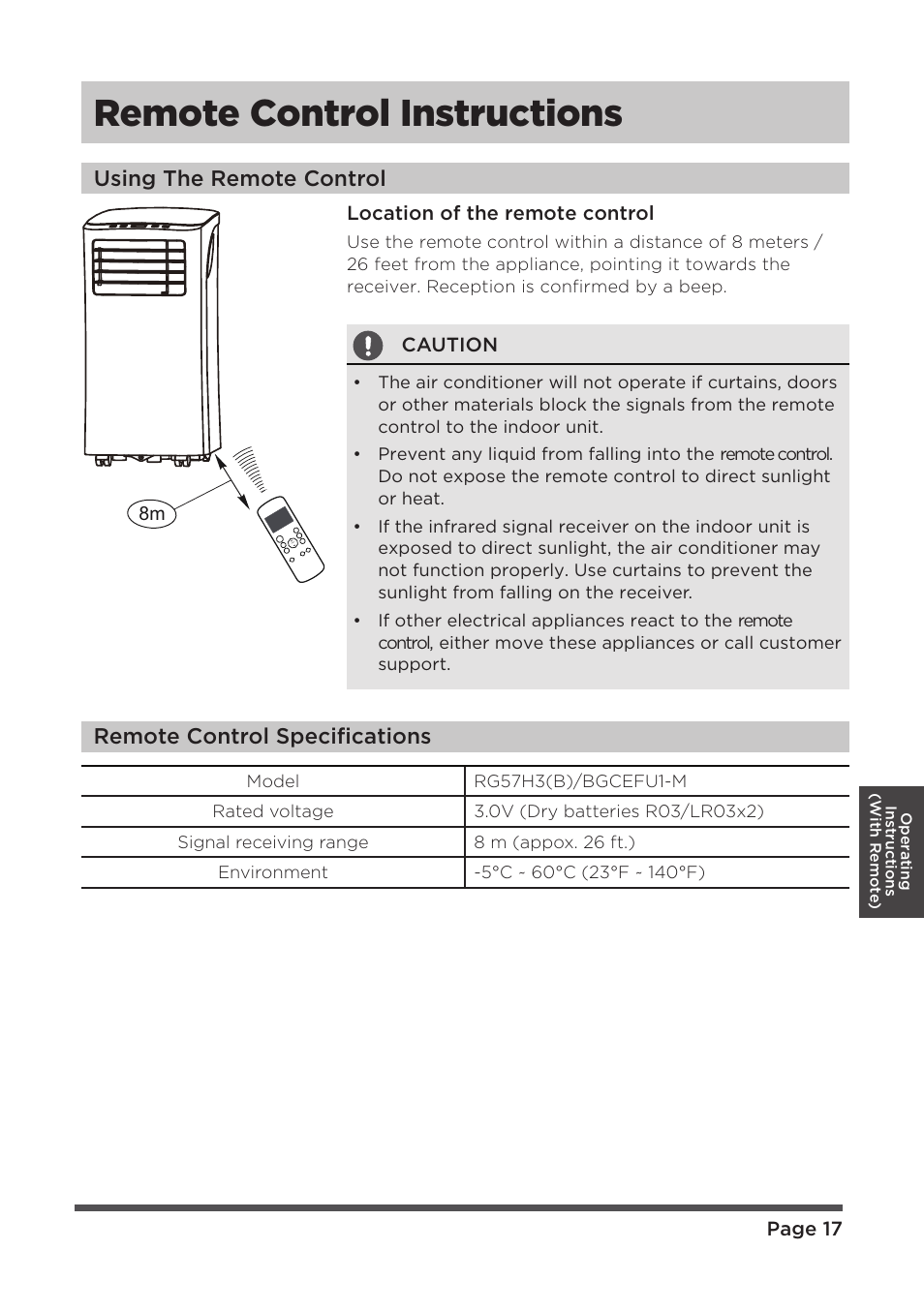 Remote control instructions, Using the remote control, Remote control specifications | MIDEA MAP08R1CWT User Manual | Page 17 / 32