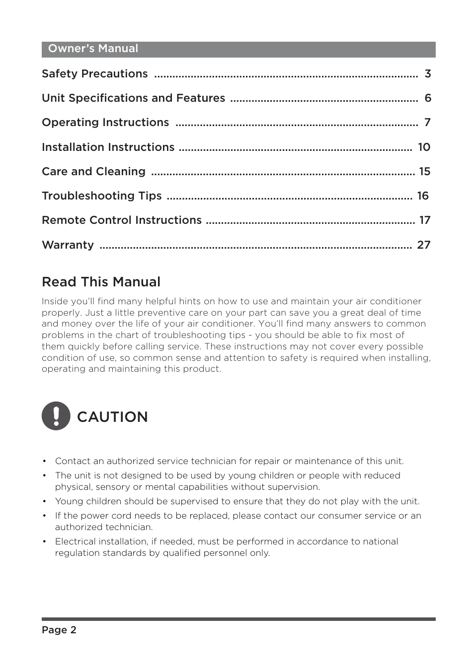 Caution, Read this manual | MIDEA MAP08R1CWT User Manual | Page 2 / 32