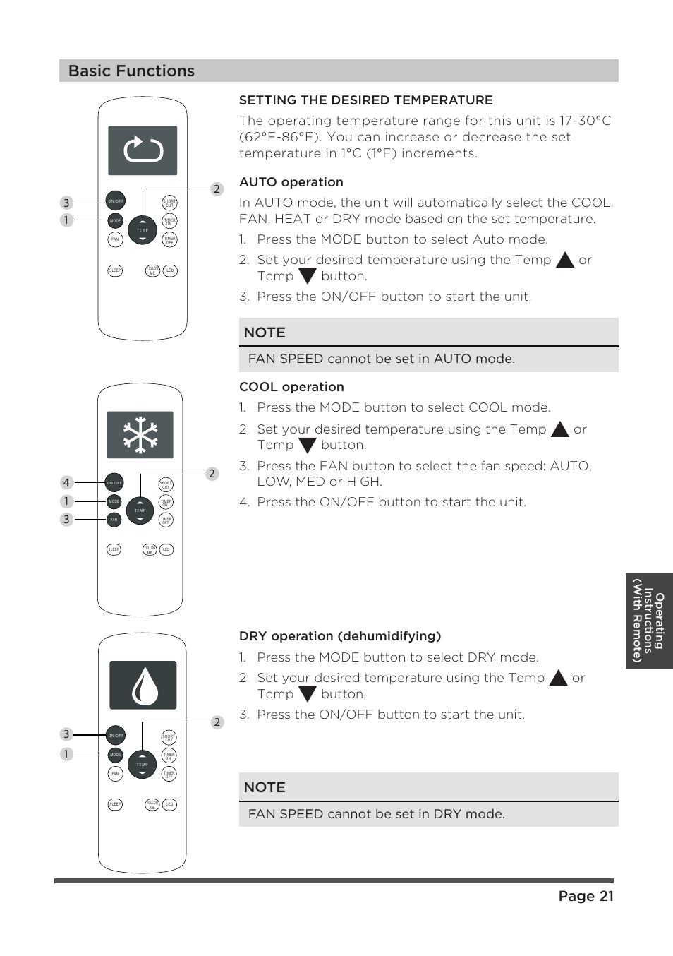 Basic fu n ctions, Page 21, Or temp | Fan speed cannot be set in auto m ode | MIDEA MAP08R1CWT User Manual | Page 21 / 32