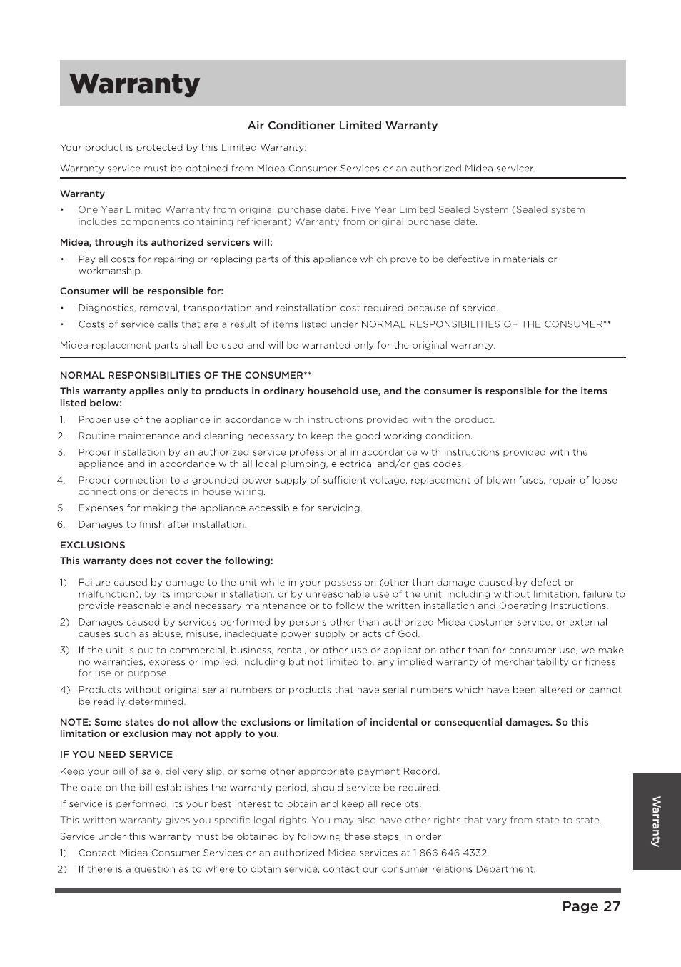 Warranty, 7 2 e g a p | MIDEA MAP08R1CWT User Manual | Page 27 / 32