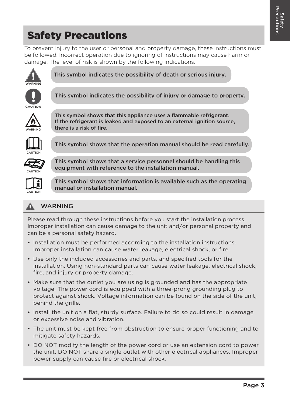 Safety precautions | MIDEA MAP08R1CWT User Manual | Page 3 / 32