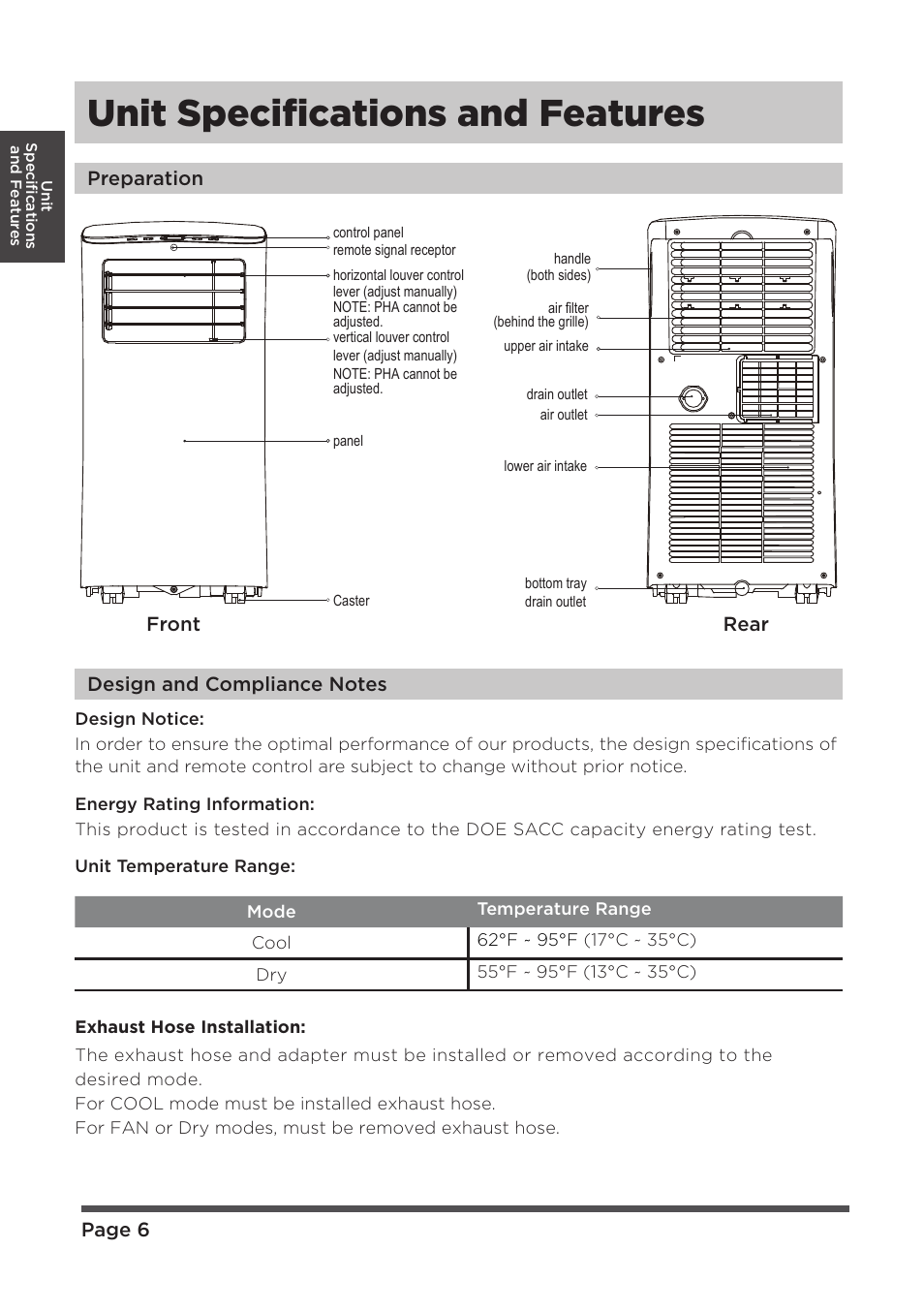 Unit specifications and features | MIDEA MAP08R1CWT User Manual | Page 6 / 32