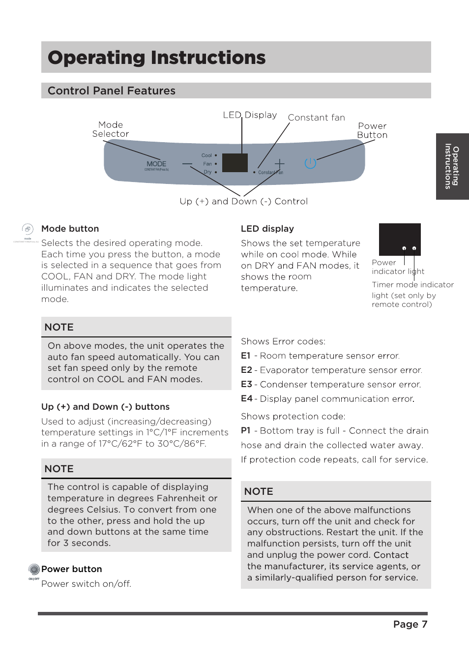 Operating instructions, Control panel features | MIDEA MAP08R1CWT User Manual | Page 7 / 32