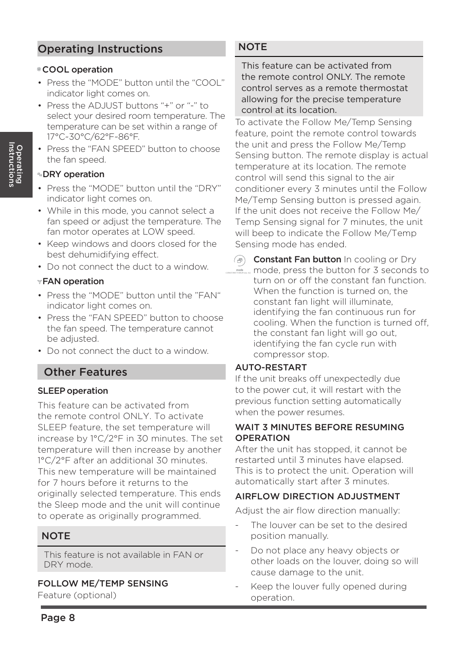Operating instructions, Other features | MIDEA MAP08R1CWT User Manual | Page 8 / 32
