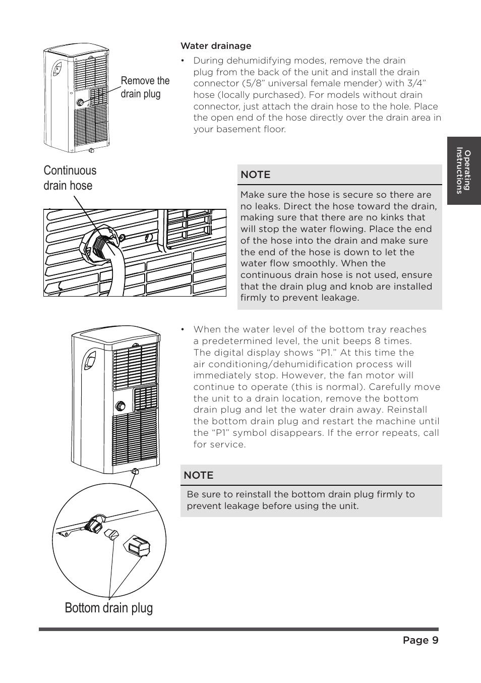 Bottom drain plug, Continuous drain hose | MIDEA MAP08R1CWT User Manual | Page 9 / 32