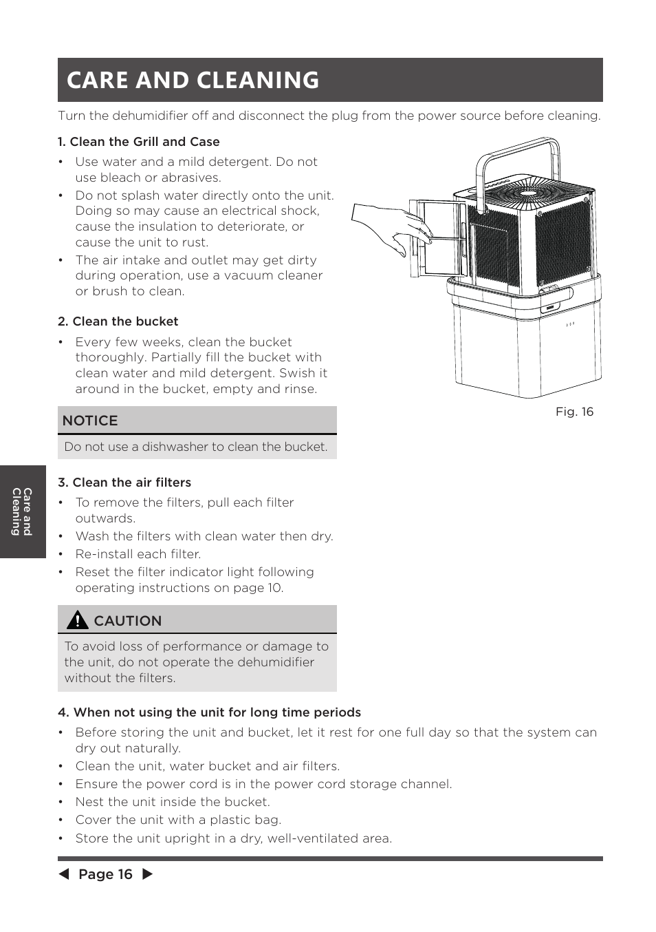 Care and cleaning | MIDEA MAD20S1QWT User Manual | Page 16 / 46