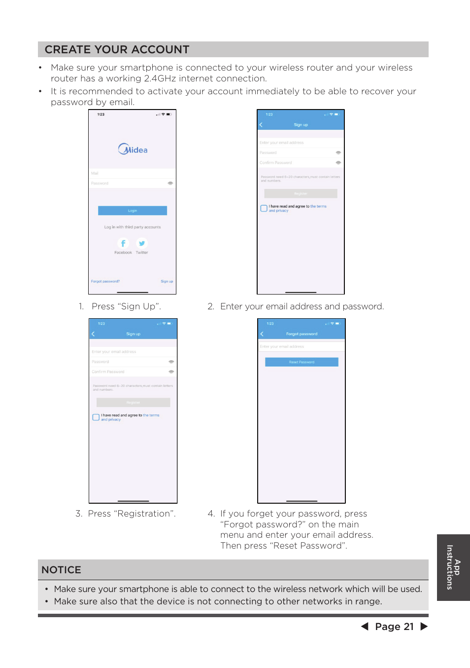 Create your account | MIDEA MAD20S1QWT User Manual | Page 21 / 46