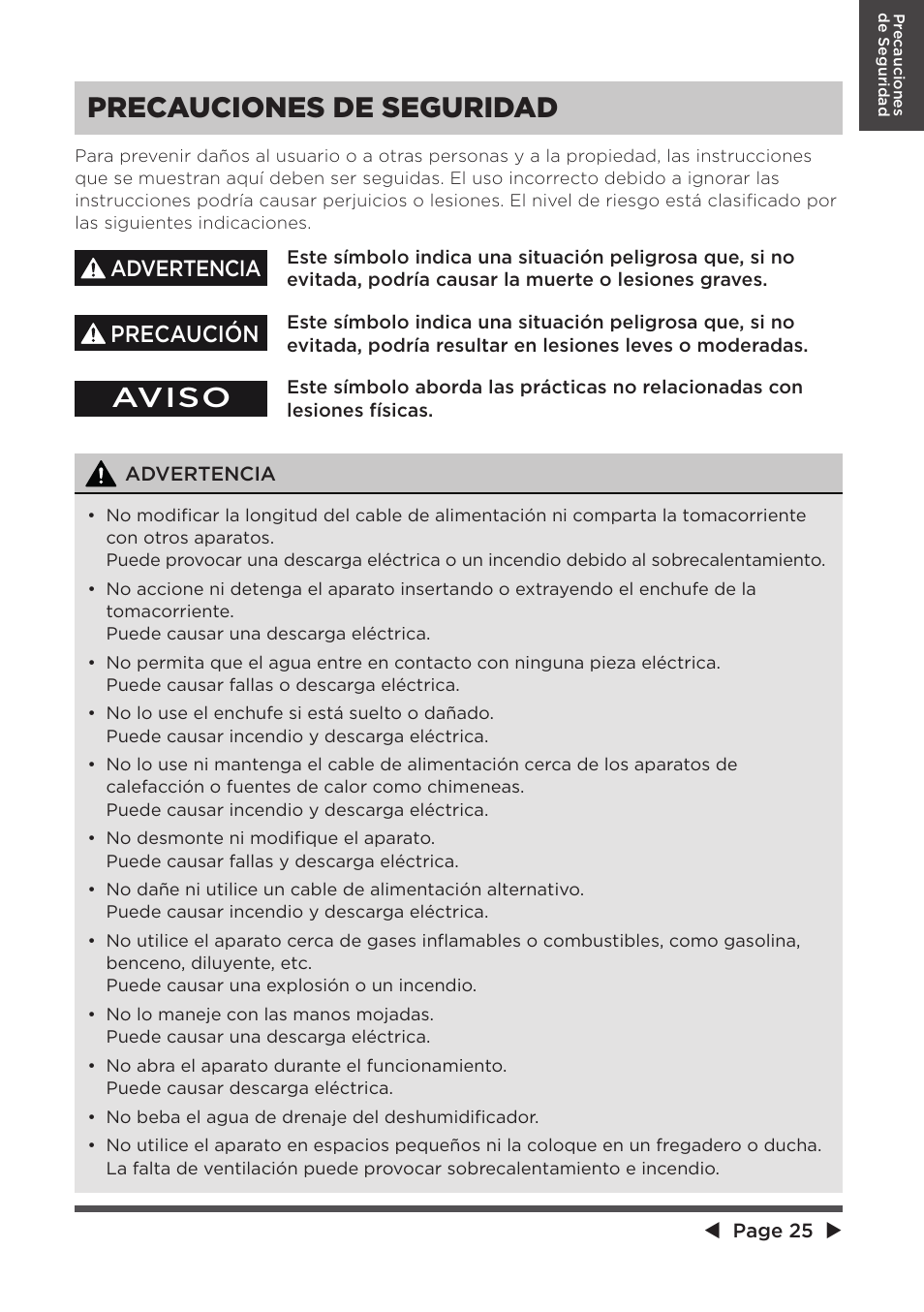 Precauciones de seguridad, Aviso, Precaución | Advertencia | MIDEA MAD20S1QWT User Manual | Page 25 / 46