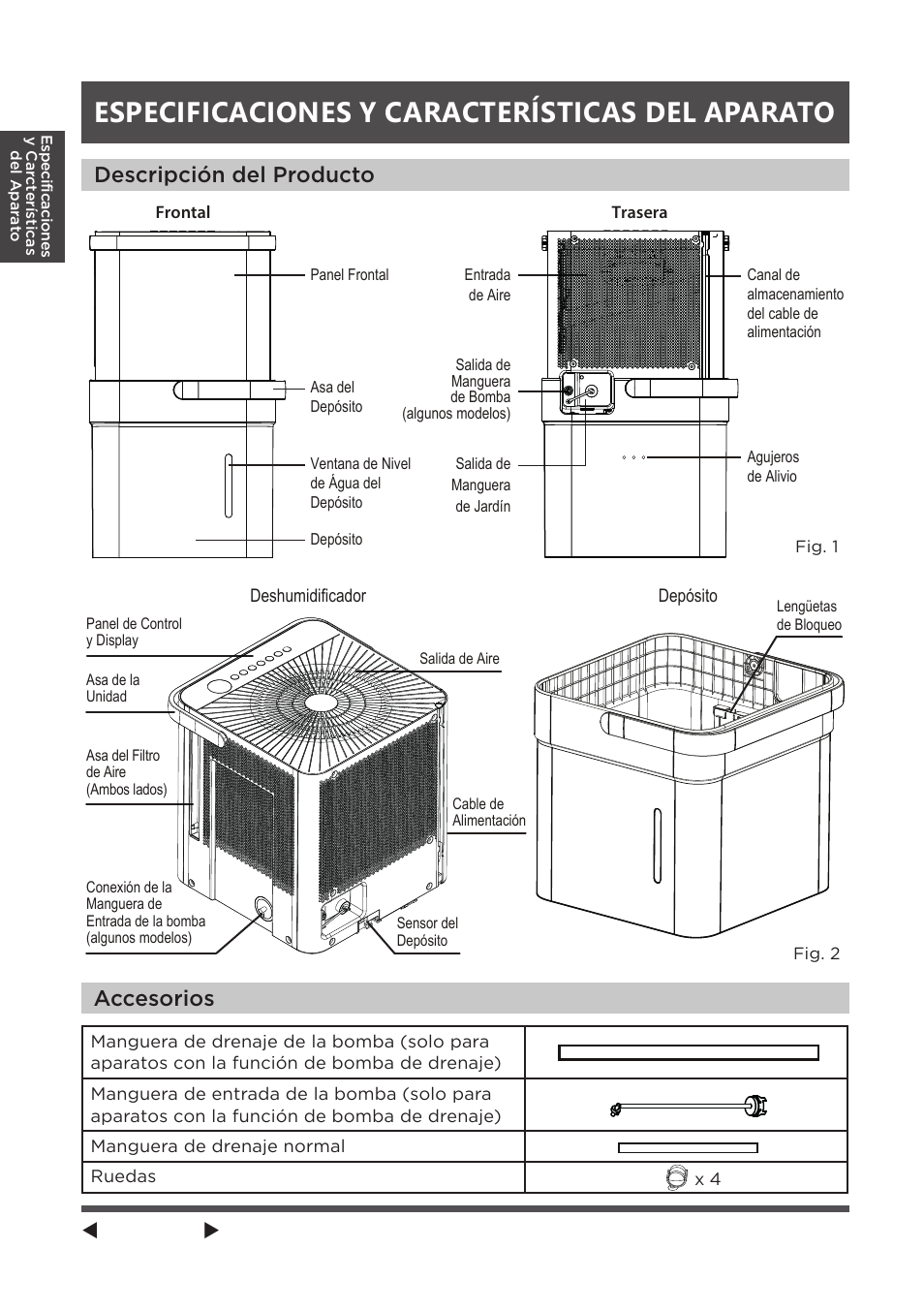 Especificaciones y características del aparato, Descripción del producto accesorios | MIDEA MAD20S1QWT User Manual | Page 28 / 46