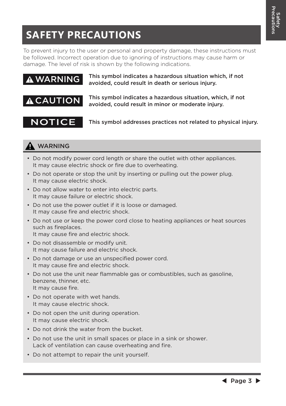 Safety precautions, Warning, Caution | Notice | MIDEA MAD20S1QWT User Manual | Page 3 / 46