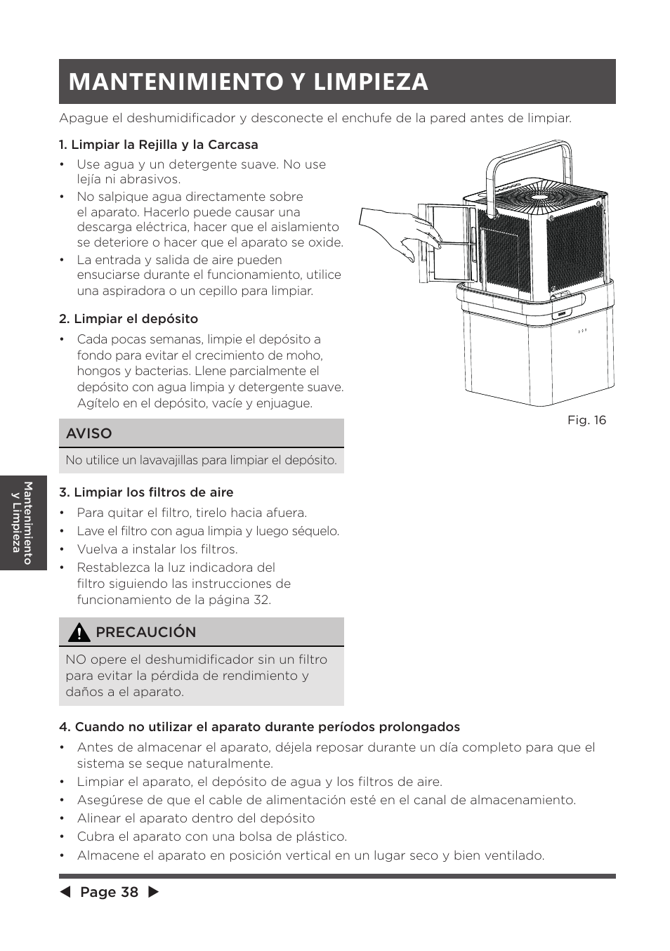Mantenimiento y limpieza | MIDEA MAD20S1QWT User Manual | Page 38 / 46