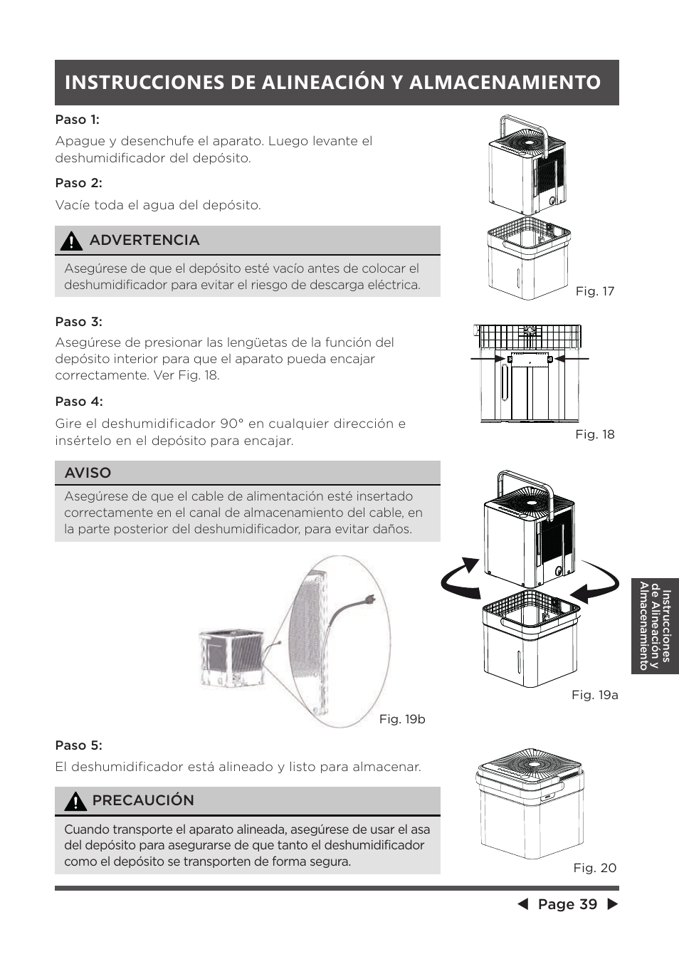 Instrucciones de alineación y almacenamiento | MIDEA MAD20S1QWT User Manual | Page 39 / 46