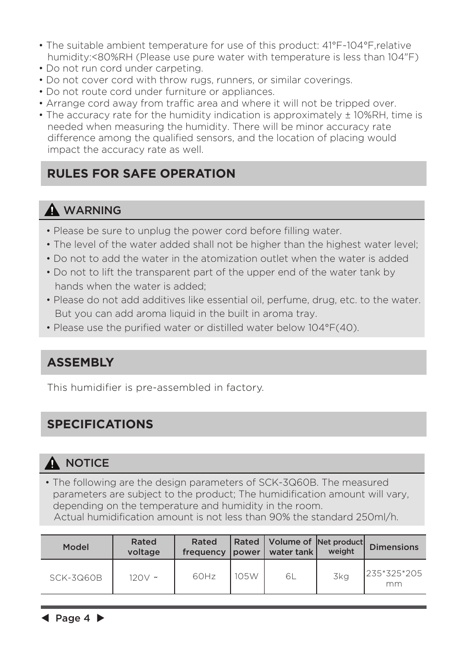 Assembly rules for safe operation specifications, Warning, Notice | MIDEA Ultrasonic SCK-3Q60B User Manual | Page 4 / 13